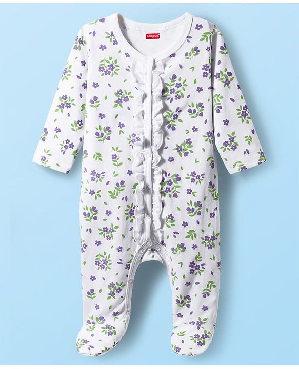 Babyhug Cotton Knit Full Sleeves Front Open Sleep Suit with Floral Print - White