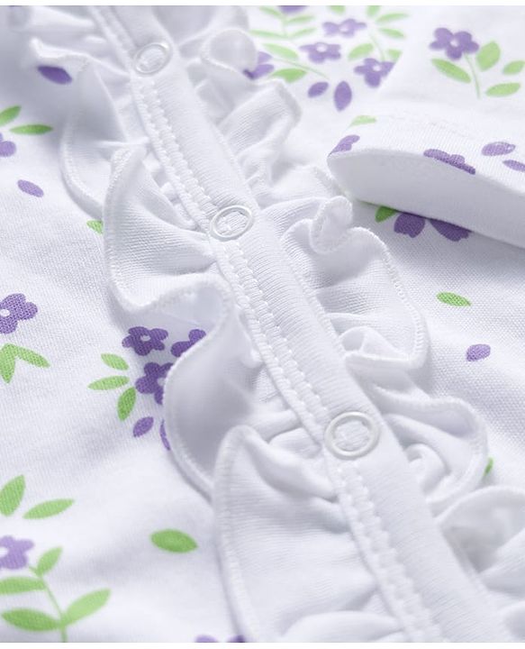 Babyhug Cotton Knit Full Sleeves Front Open Sleep Suit with Floral Print - White