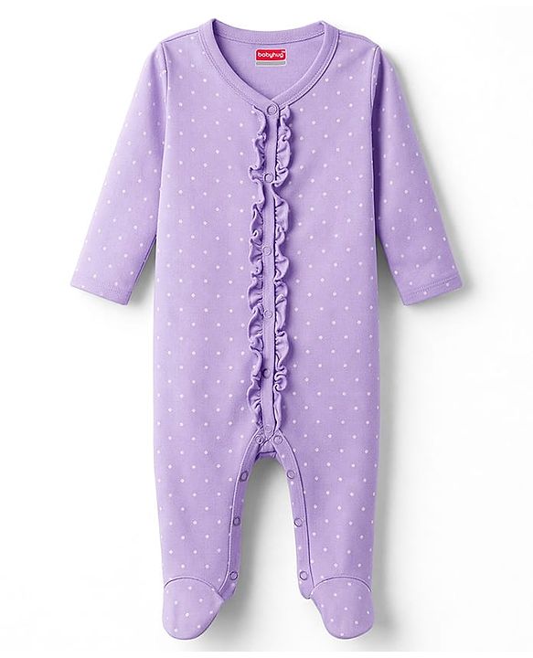 Babyhug Cotton Knit Full Sleeves Sleepsuit With Polka Dot Print - Lavender