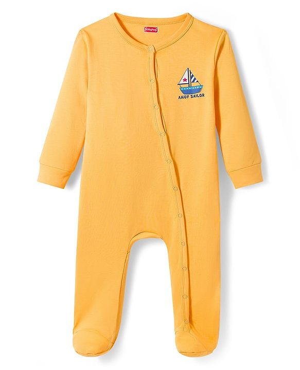 Babyhug Cotton Knit Full Sleeves Front Open Sleep Suits with Nautical Theme Print Pack of 2 - Red & Mustard