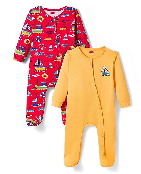 Babyhug Cotton Knit Full Sleeves Front Open Sleep Suits with Nautical Theme Print Pack of 2 - Red & Mustard