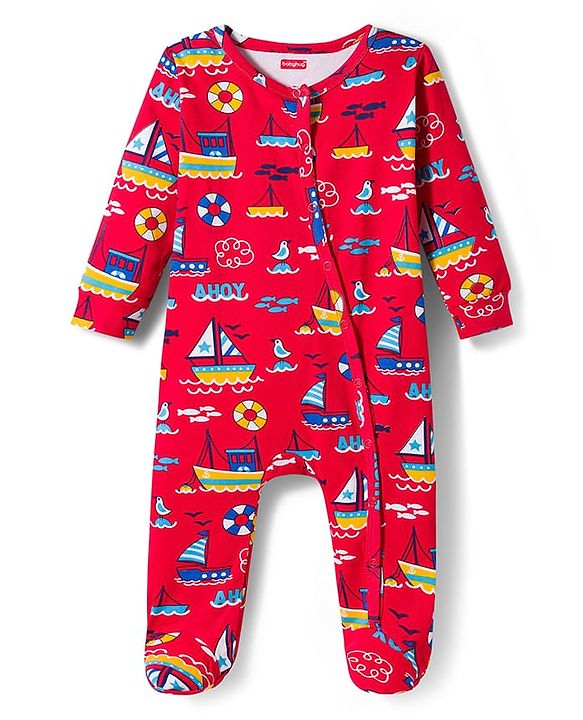 Babyhug Cotton Knit Full Sleeves Front Open Sleep Suits with Nautical Theme Print Pack of 2 - Red & Mustard