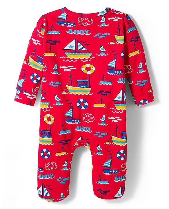 Babyhug Cotton Knit Full Sleeves Front Open Sleep Suits with Nautical Theme Print Pack of 2 - Red & Mustard
