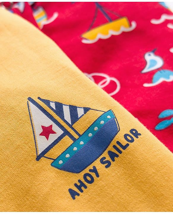 Babyhug Cotton Knit Full Sleeves Front Open Sleep Suits with Nautical Theme Print Pack of 2 - Red & Mustard