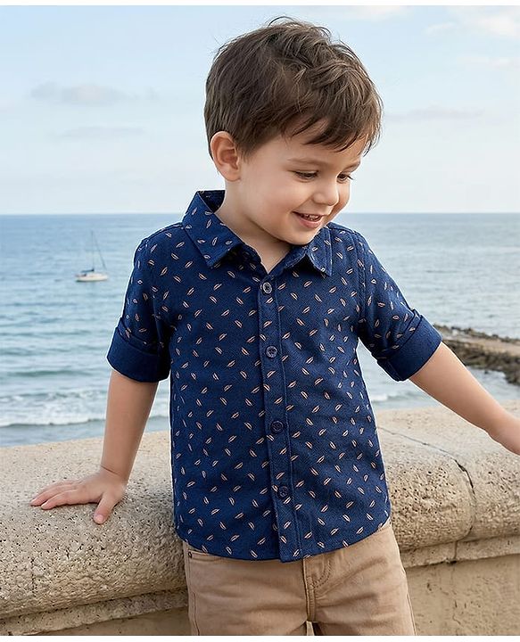 Babyhug Cotton Woven Full Sleeves Printed Night Suit - Navy Blue