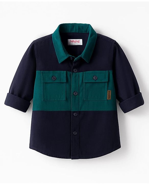 Babyhug Cotton Woven Full Sleeves Solid Corduroy Shirt - Navy Blue & Green