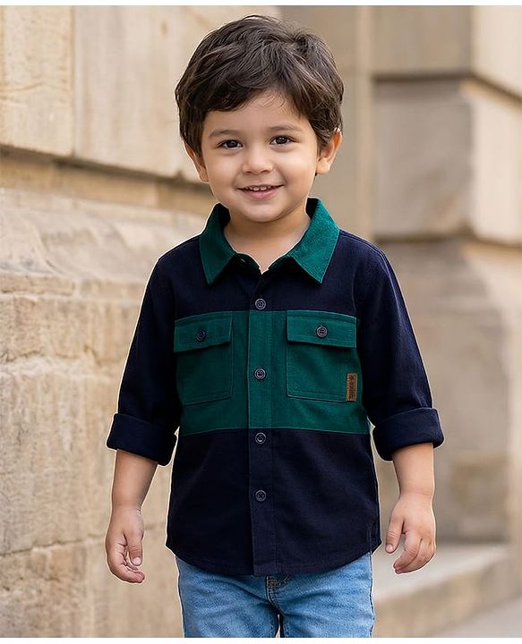 Babyhug Cotton Woven Full Sleeves Solid Corduroy Shirt - Navy Blue & Green