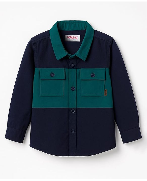 Babyhug Cotton Woven Full Sleeves Solid Corduroy Shirt - Navy Blue & Green