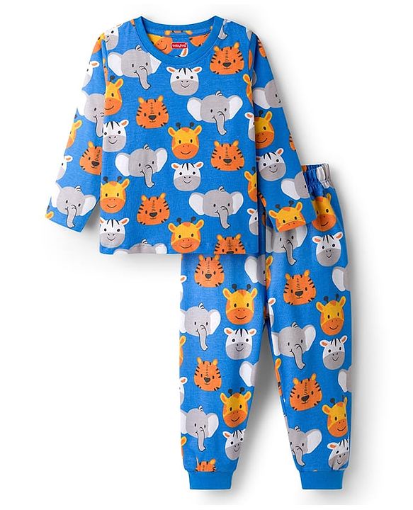 Babyhug Cotton Knit Full Sleeves Co-Ord Night Suit with Animal Print - Blue