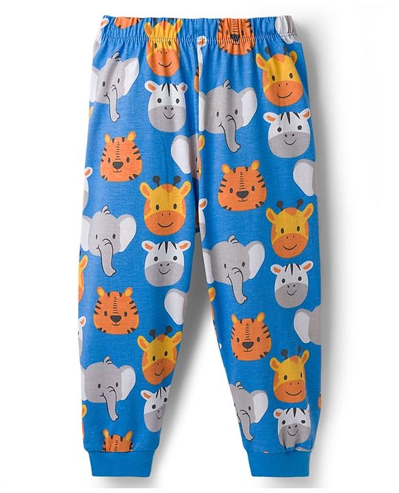 Babyhug Cotton Knit Full Sleeves Co-Ord Night Suit with Animal Print - Blue