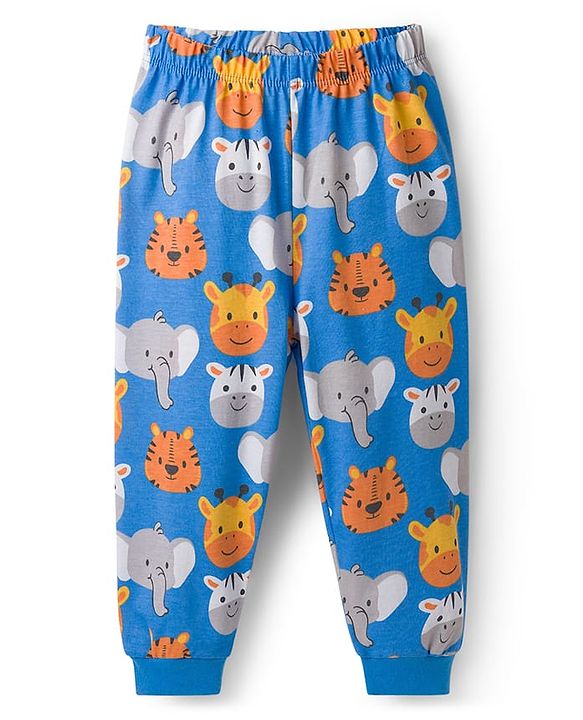 Babyhug Cotton Knit Full Sleeves Co-Ord Night Suit with Animal Print - Blue