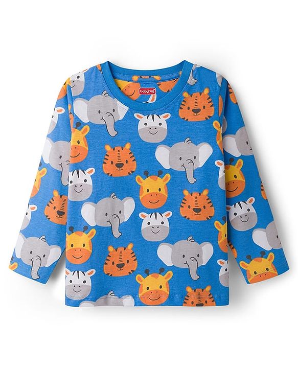 Babyhug Cotton Knit Full Sleeves Co-Ord Night Suit with Animal Print - Blue