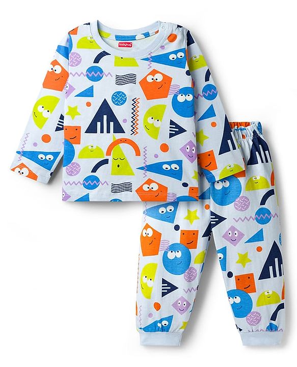 Babyhug Cotton Knit Full Sleeves Co-ord Night Suit With Shapes Print - Blue & White