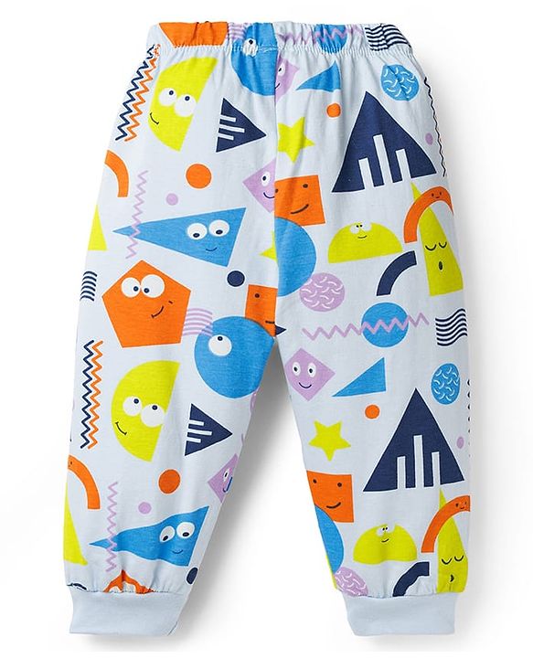 Babyhug Cotton Knit Full Sleeves Co-ord Night Suit With Shapes Print - Blue & White