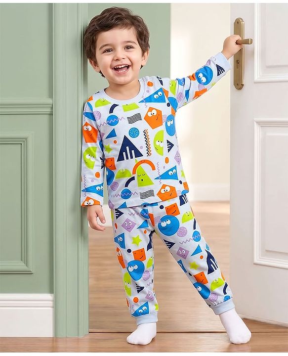 Babyhug Cotton Knit Full Sleeves Co-ord Night Suit With Shapes Print - Blue & White