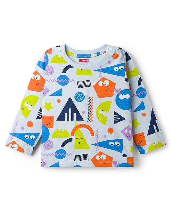 Babyhug Cotton Knit Full Sleeves Co-ord Night Suit With Shapes Print - Blue & White