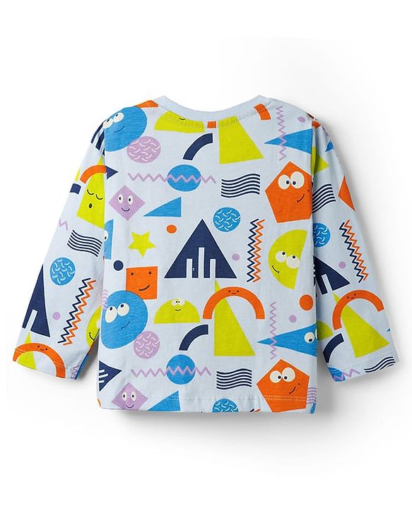 Babyhug Cotton Knit Full Sleeves Co-ord Night Suit With Shapes Print - Blue & White