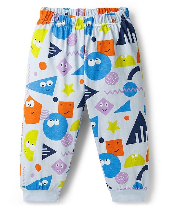 Babyhug Cotton Knit Full Sleeves Co-ord Night Suit With Shapes Print - Blue & White