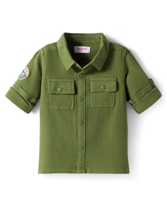 Babyhug Cotton Woven  Full Sleeve  Solid Shirt with Patch- Green