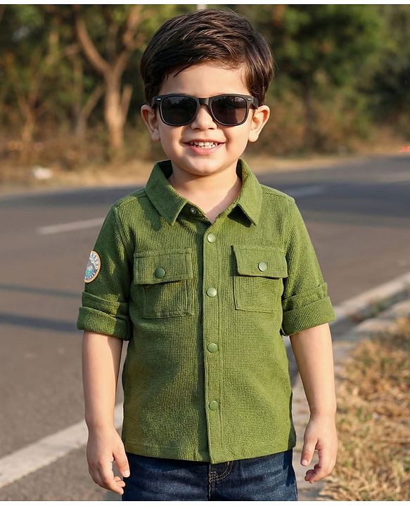 Babyhug Cotton Woven  Full Sleeve  Solid Shirt with Patch- Green