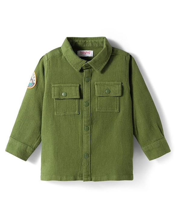 Babyhug Cotton Woven  Full Sleeve  Solid Shirt with Patch- Green