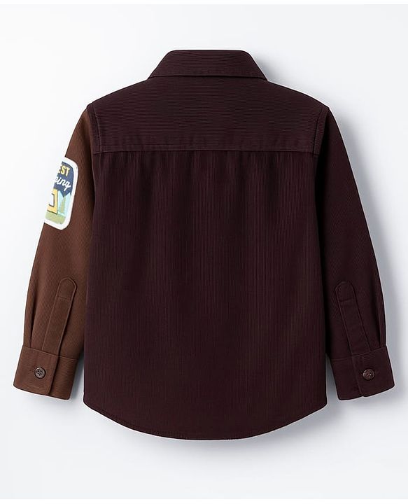 Babyhug Cotton Woven Full Sleeves Cut & Sew Design Solid Corduroy Shirt With Text Patch - Brown