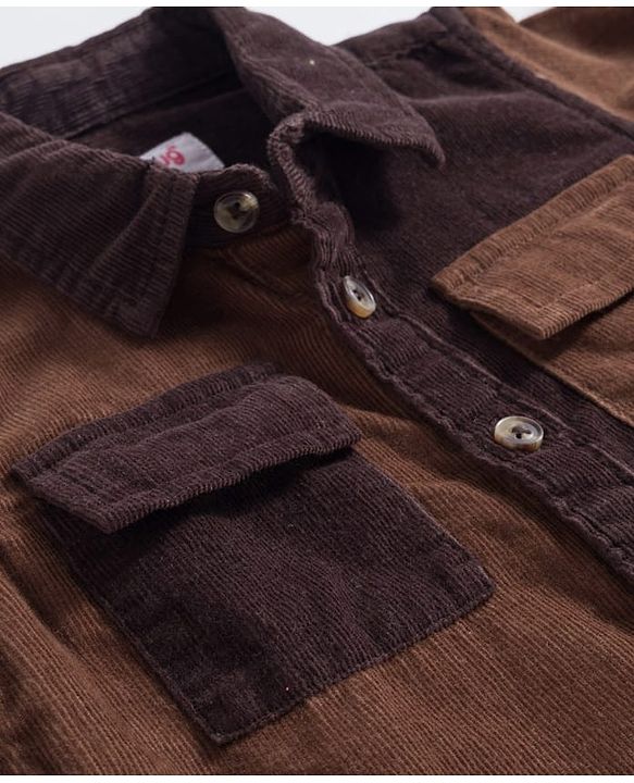 Babyhug Cotton Woven Full Sleeves Cut & Sew Design Solid Corduroy Shirt With Text Patch - Brown