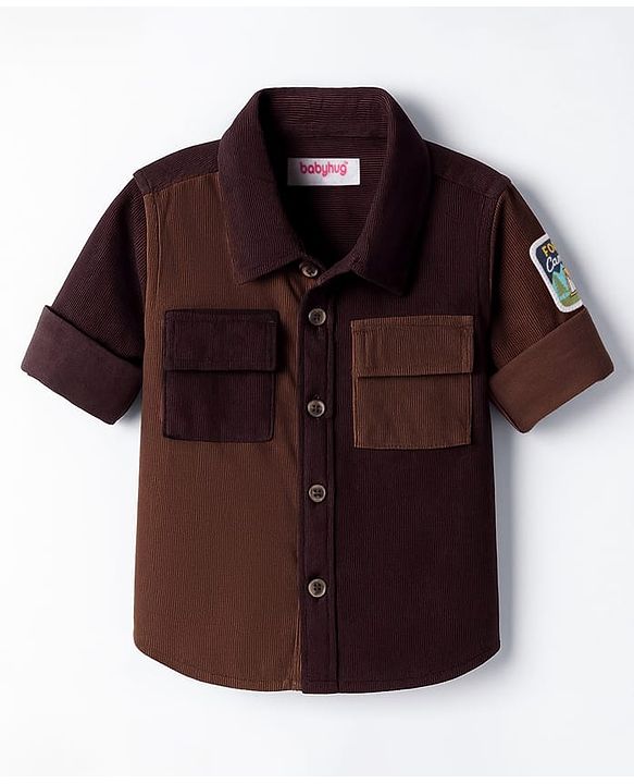 Babyhug Cotton Woven Full Sleeves Cut & Sew Design Solid Corduroy Shirt With Text Patch - Brown