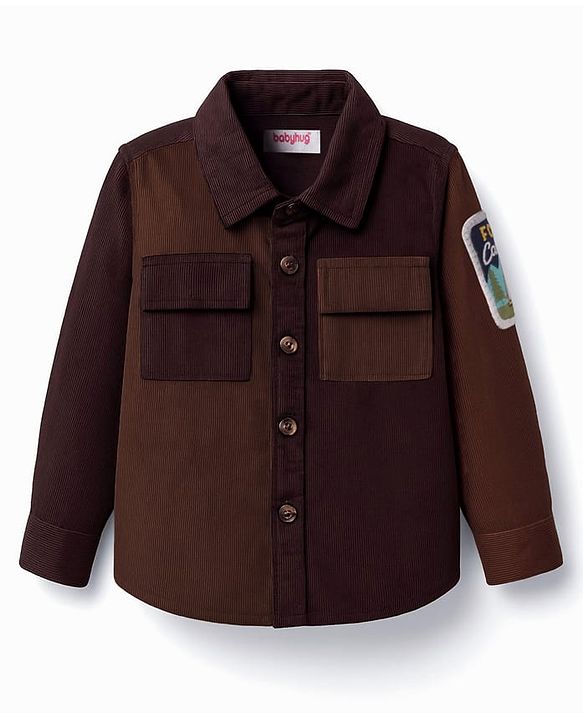 Babyhug Cotton Woven Full Sleeves Cut & Sew Design Solid Corduroy Shirt With Text Patch - Brown