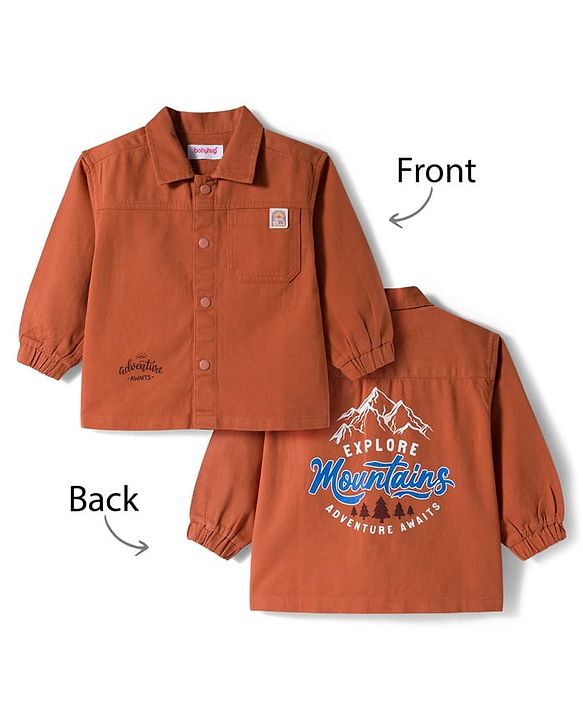 Babyhug Cotton Woven Full Sleeves Oversize Shirt With Mountains Print - Rust Orange