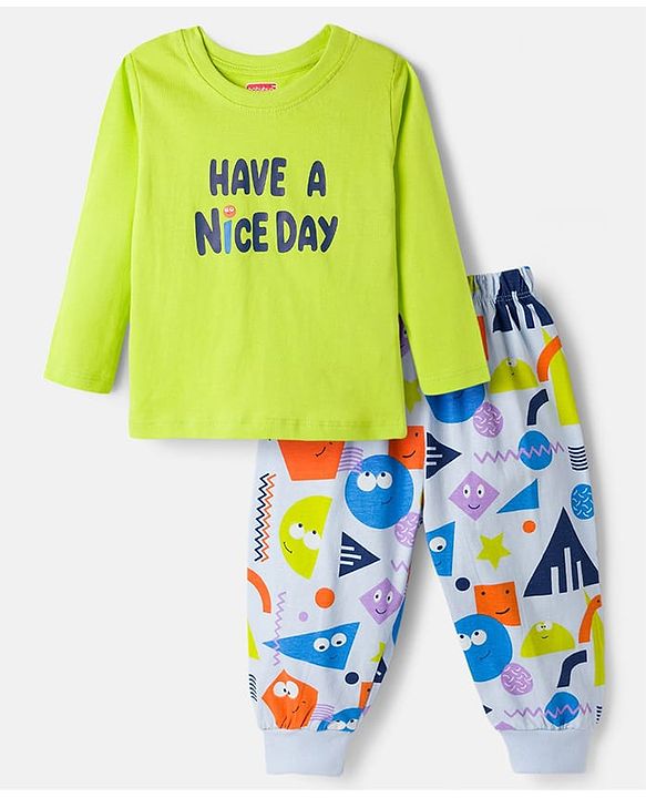 Babyhug Cotton Knit Full Sleeves Night Suit With Text Print - Green