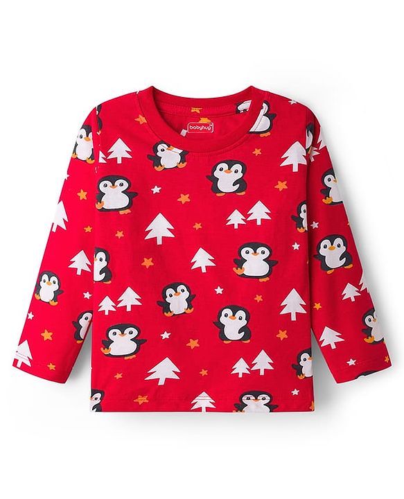 Babyhug Cotton Knit Full Sleeves Co-Ord Night Suit with Penguin Print - Red