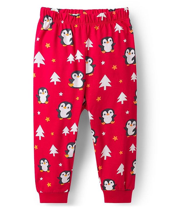 Babyhug Cotton Knit Full Sleeves Co-Ord Night Suit with Penguin Print - Red
