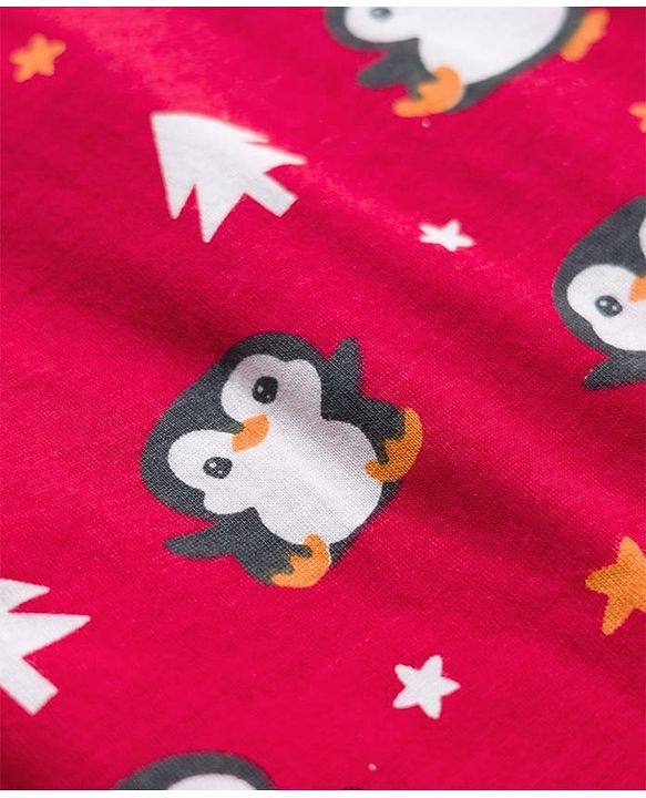Babyhug Cotton Knit Full Sleeves Co-Ord Night Suit with Penguin Print - Red