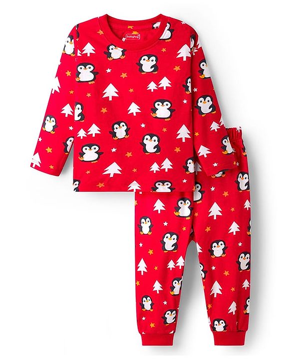 Babyhug Cotton Knit Full Sleeves Co-Ord Night Suit with Penguin Print - Red