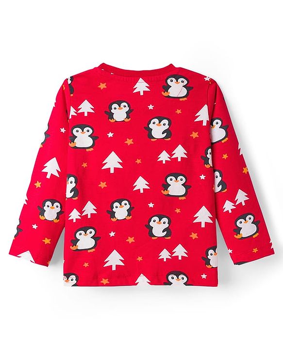 Babyhug Cotton Knit Full Sleeves Co-Ord Night Suit with Penguin Print - Red