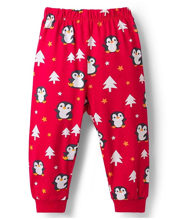 Babyhug Cotton Knit Full Sleeves Co-Ord Night Suit with Penguin Print - Red