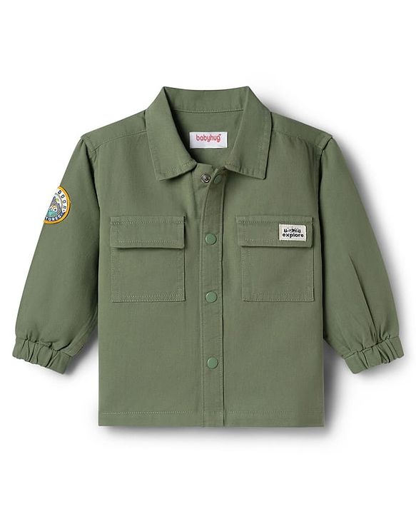 Babyhug Cotton Woven  Full Sleeve Solid Shirt with Patch- Green