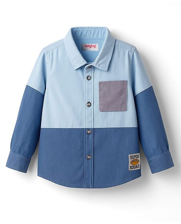 Babyhug Cotton Woven Full Sleeves Shirt With Cut & Sew Solid Corduroy Shirt Design - Blue