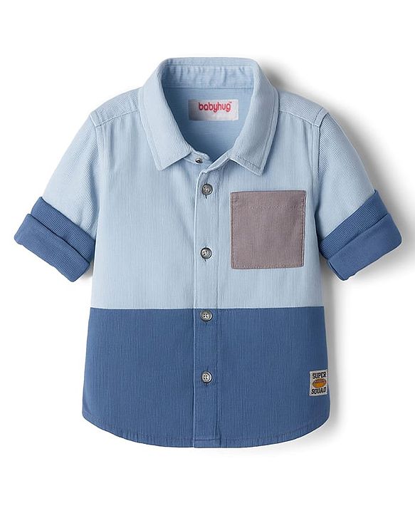 Babyhug Cotton Woven Full Sleeves Shirt With Cut & Sew Solid Corduroy Shirt Design - Blue