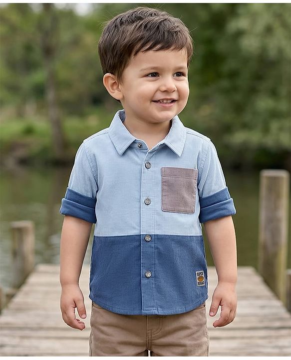 Babyhug Cotton Woven Full Sleeves Shirt With Cut & Sew Solid Corduroy Shirt Design - Blue