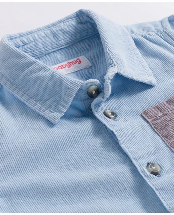 Babyhug Cotton Woven Full Sleeves Shirt With Cut & Sew Solid Corduroy Shirt Design - Blue