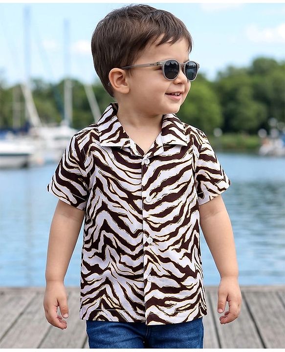 Babyhug Cotton Woven Half Sleeve Resort Collar Zebra Printed Shirt- Multicolour
