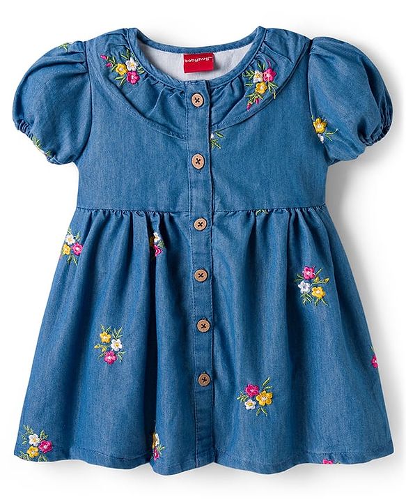 Babyhug Denim Woven Half Puffed Sleeves Frock with Floral Embroidery - Blue