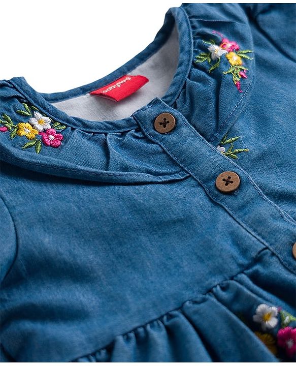 Babyhug Denim Woven Half Puffed Sleeves Frock with Floral Embroidery - Blue