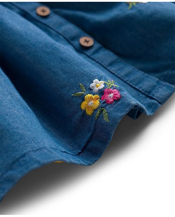 Babyhug Denim Woven Half Puffed Sleeves Frock with Floral Embroidery - Blue