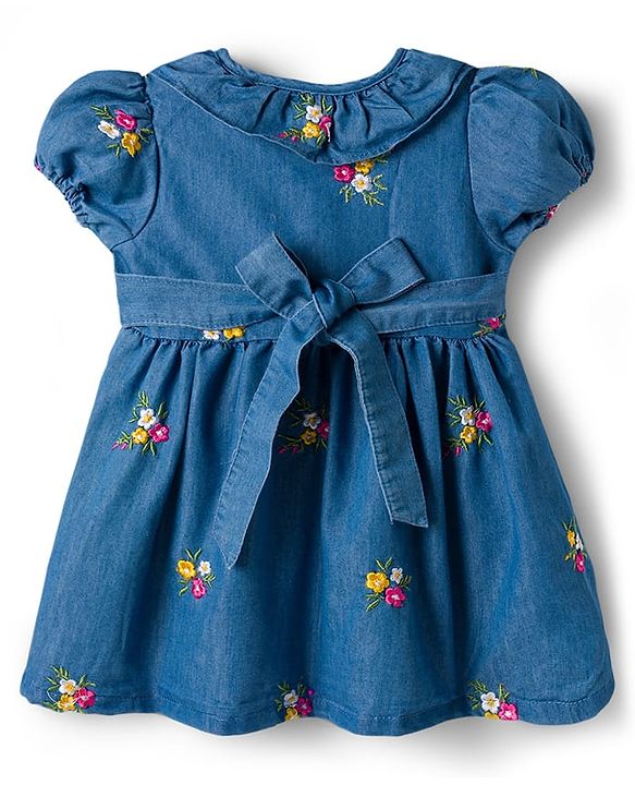 Babyhug Denim Woven Half Puffed Sleeves Frock with Floral Embroidery - Blue