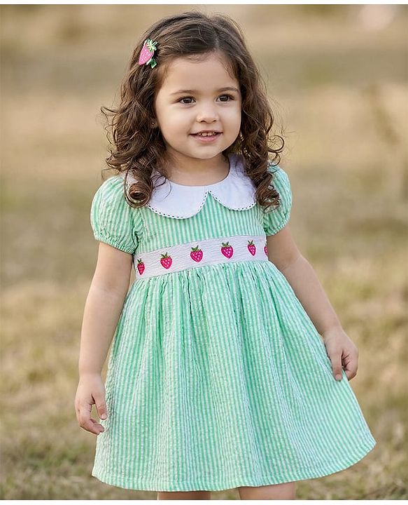 Babyhug Cotton Woven Half Sleeves Peter Pan Collar Frock with Strawberry Embroidery - Sea Green