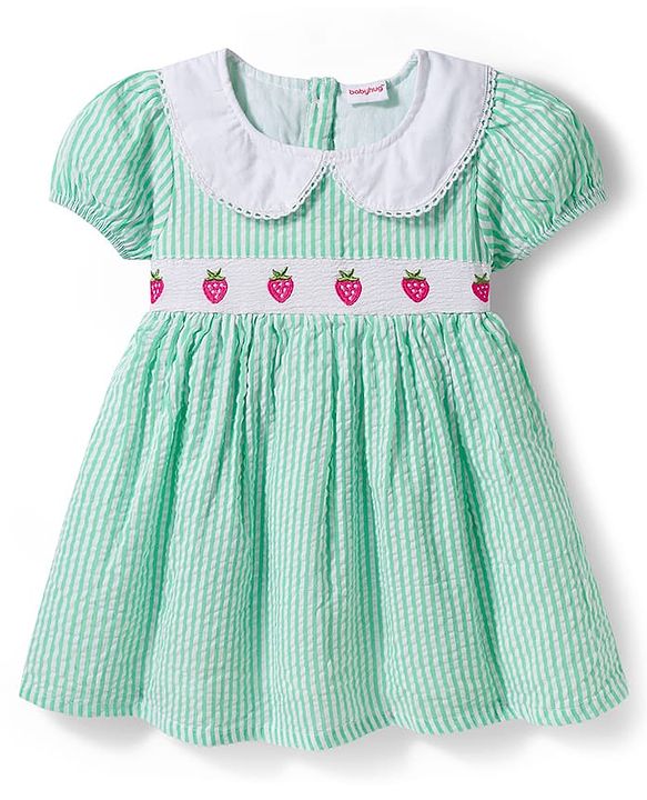 Babyhug Cotton Woven Half Sleeves Peter Pan Collar Frock with Strawberry Embroidery - Sea Green