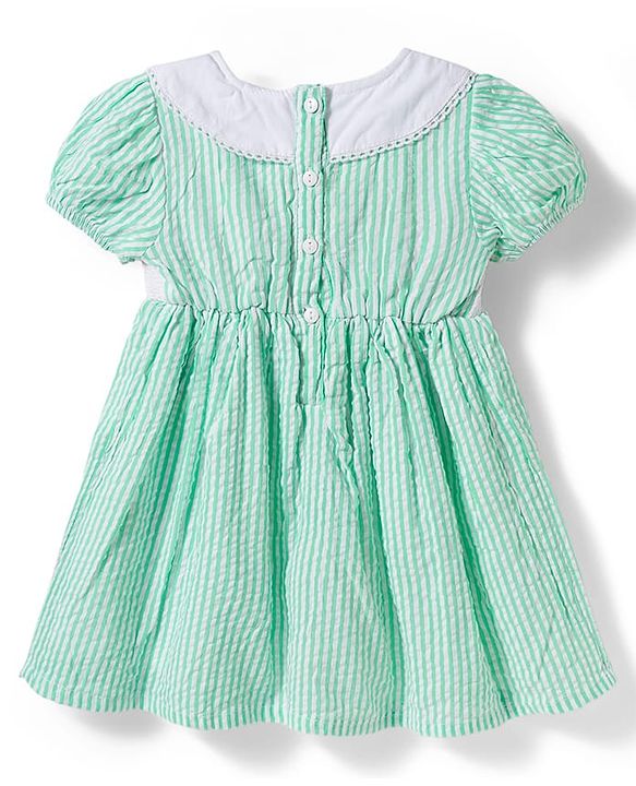 Babyhug Cotton Woven Half Sleeves Peter Pan Collar Frock with Strawberry Embroidery - Sea Green